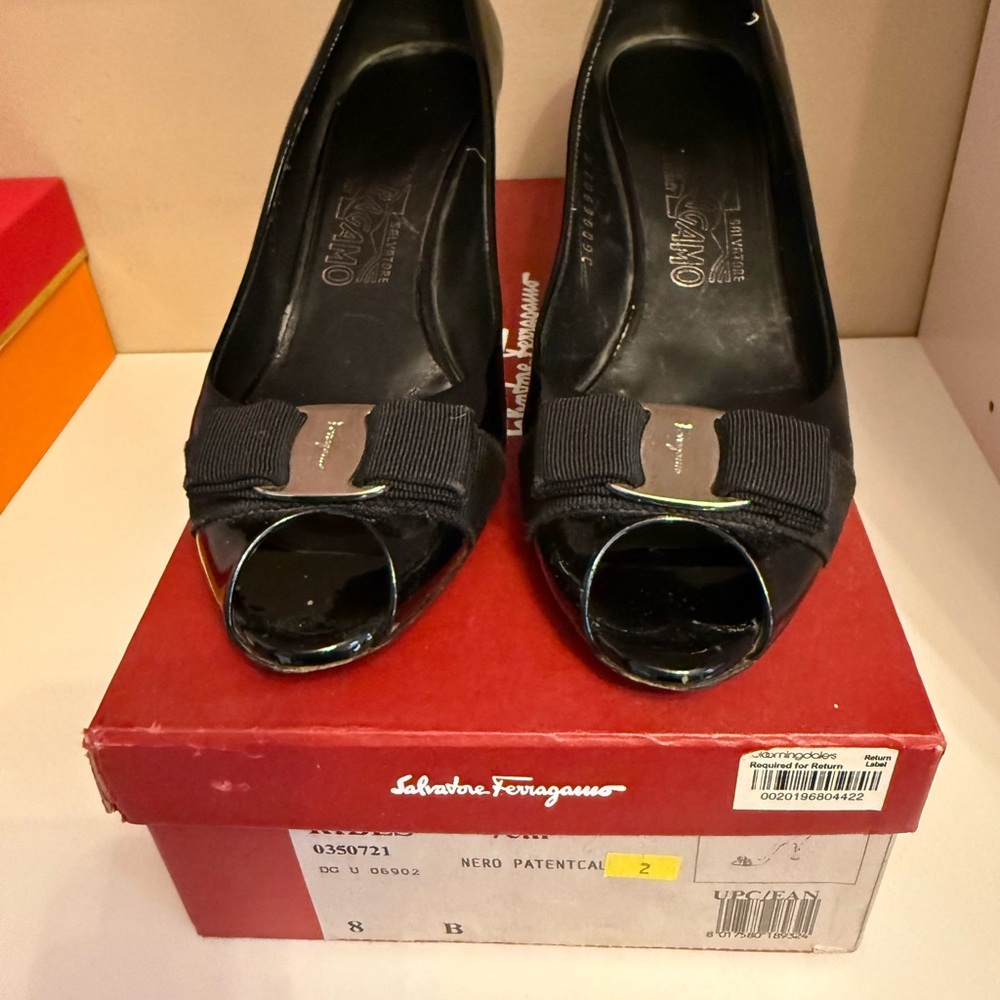Salvatore Ferragamo Black Patent Peep Toe Heels